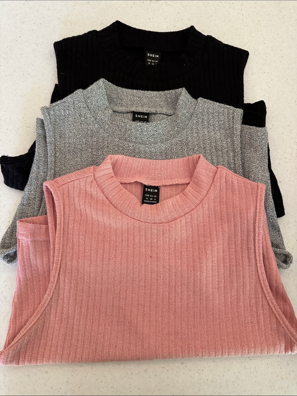 SHEIN Ribbed Sleeveless Knit Tank Top Trio - Pink, Gray, Black